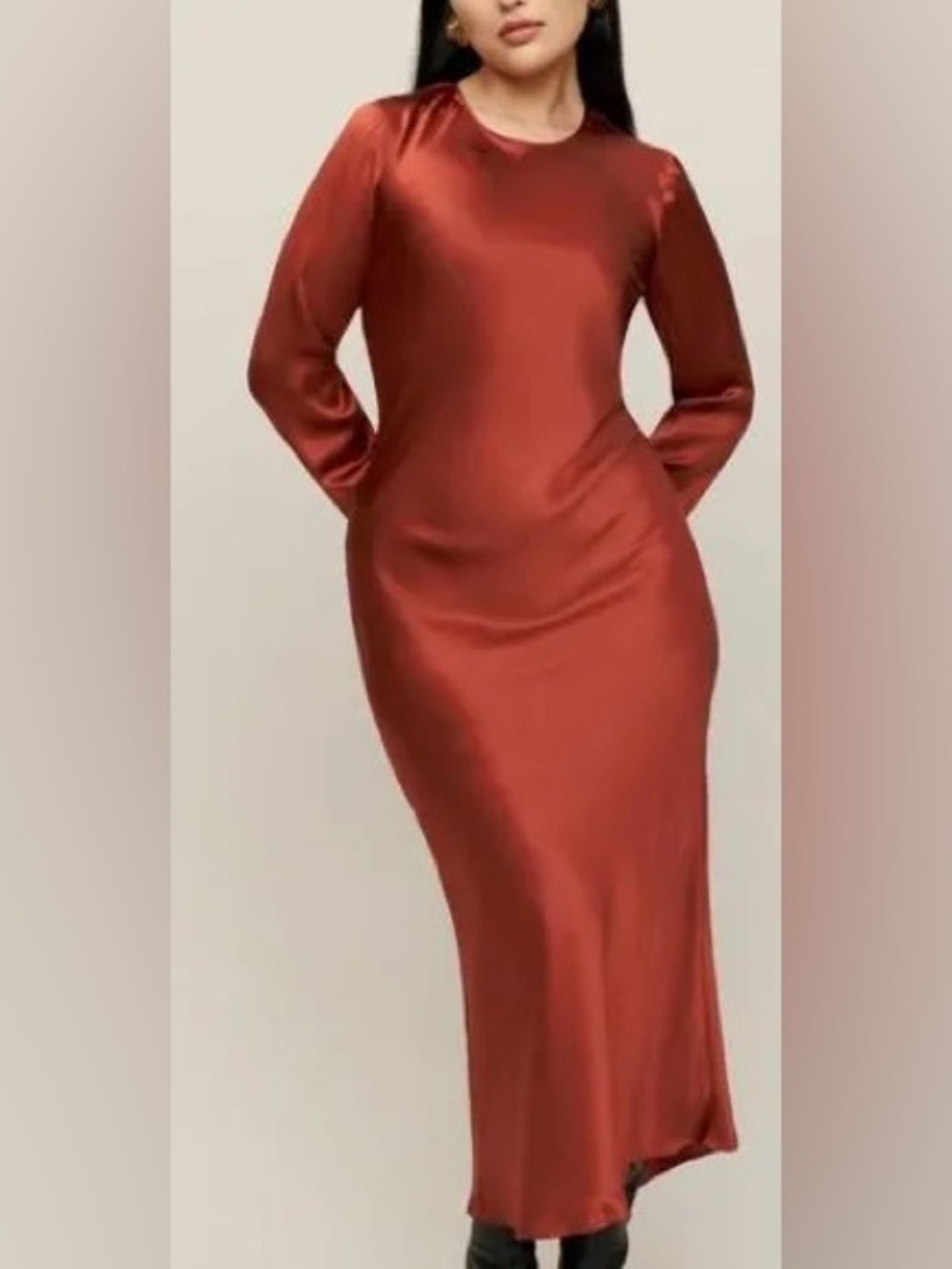 Reformation Satin Long-Sleeve Maxi Dress in Rust